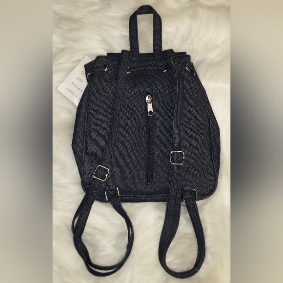 Women's Blue Canvas Drawstring Backpack Purse - Picture 3 of 9